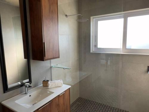 uma casa de banho com um lavatório e um chuveiro em Vincent - Artistic Luxury Suite em Mossel Bay