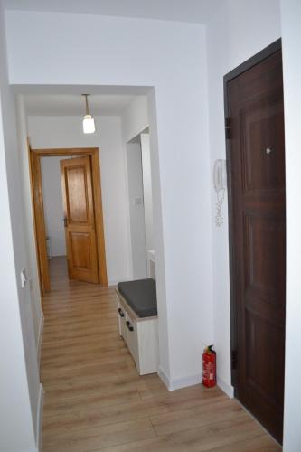an empty hallway with a door and a wooden floor at Ania's Apartment in Horezu