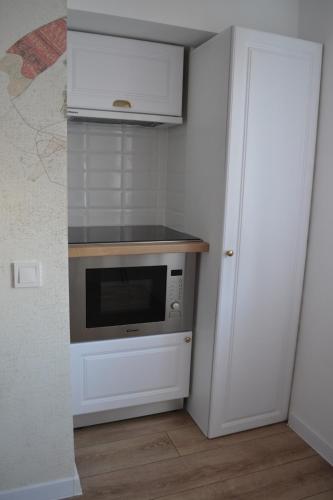 a kitchen with a stove and a microwave at Ania's Apartment in Horezu