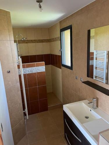 La salle de bains est pourvue d'une douche, d'un lavabo et d'un lavabo. dans l'établissement Maison avec terrasse proche Grignan, à Colonzelle