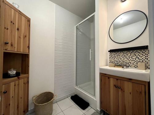 a bathroom with a shower and a sink and a mirror at Le nid de Dammarie-les-lys in Dammarie-lès-Lys