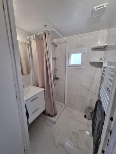 une salle de bain blanche avec une douche et un lavabo dans l'établissement Chalet 6 pers à 10km de Cabourg, à Dozulé
