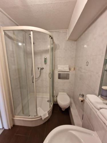 een badkamer met een douche, een toilet en een wastafel bij Hotel Haus Bremen garni in Bremen