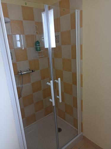 une douche avec une porte vitrée dans une salle de bain dans l'établissement Anduze Gîte Les Lauriers au 