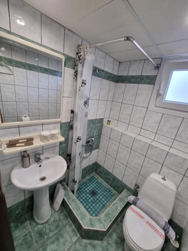 a bathroom with a shower and a toilet and a sink at Nikos Studio Apartments in Katerini