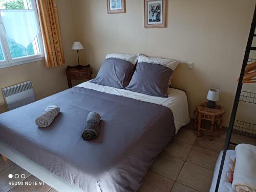 Anduze Gîte Les Lauriers au "Petit Clos des Cigales" في Massillargues-Attuech: غرفة نوم عليها سرير وفوط