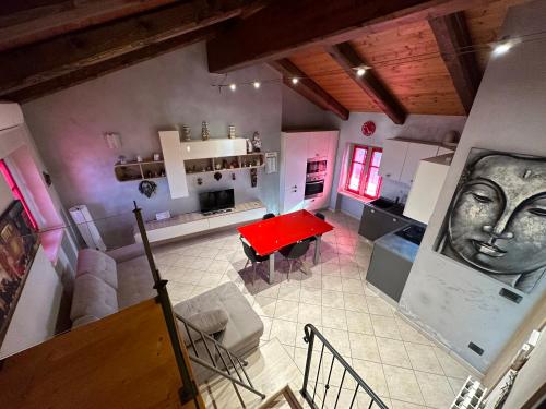 an overhead view of a kitchen and living room at La tana di Piozzo in Piozzo