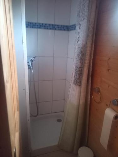 y baño con ducha y cortina de ducha. en Roulotte en Marnefer