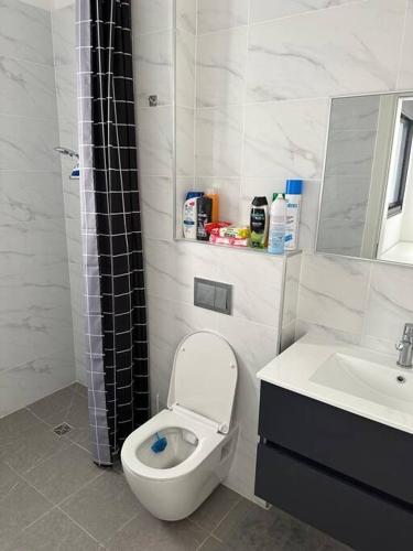 een badkamer met een toilet en een wastafel bij Appartement Guivat Olga 4 pièces proche mer in H̱adera