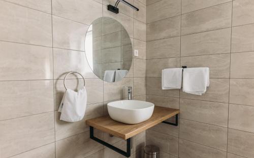 a bathroom with a white sink and a mirror at Hiša na Ravnah in Pišece