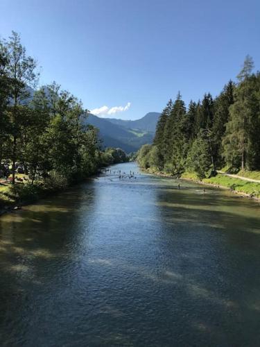 a river with trees and a mountain in the background at Chalet-Stil mit Pool und Bergblick in Sankt Martin bei Lofer