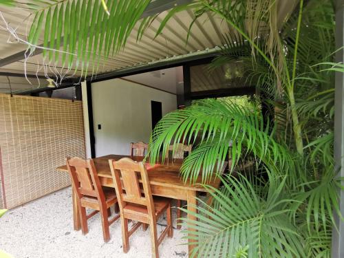 een houten tafel en stoelen en een aantal planten bij DS House in Cabuya