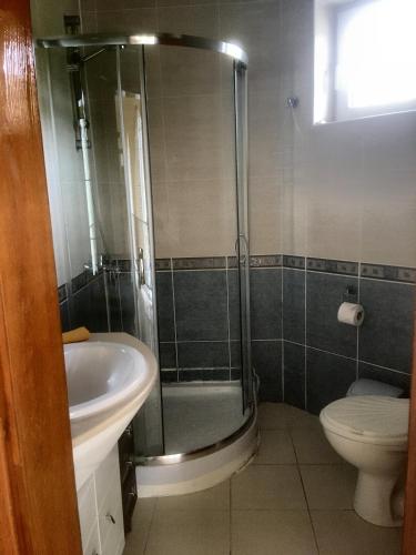 a bathroom with a shower and a toilet and a sink at Sea Paradise Apartment Complex in Kavarna
