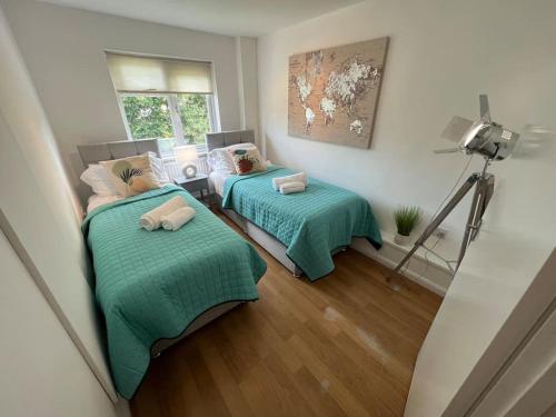 2 Bedroom Flat, Free Parking & Wi-Fi في Haversham: غرفة نوم بسريرين مع شراشف خضراء ونافذة