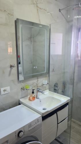 a bathroom with a sink and a mirror and a shower at Flavio guest house in Pogradec