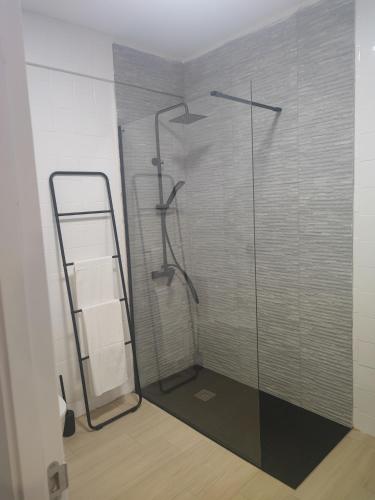 baño con ducha y puerta de cristal en Apartamento Buen Recuerdo en Camarena de la Sierra