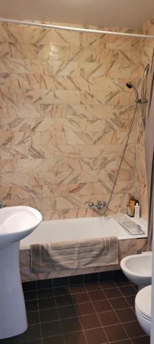 une salle de bain avec une baignoire, des toilettes et un lavabo dans l'établissement Cannes centre beau 2 pièces 50 M2 plus terrasse à 12 min plages et Palais au calme, à Cannes