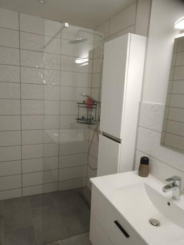 La salle de bains blanche est pourvue d'un lavabo et d'une douche. dans l'établissement appartement 2 T2 neuf et élégant proche zénith, à Pérignat-lès-Sarliève