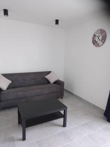 a living room with a couch and a coffee table at appartement 2 T2 neuf et élégant proche zénith in Pérignat-lès-Sarliève