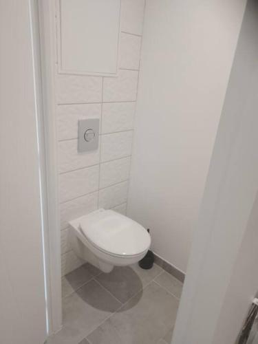 La salle de bains est pourvue de toilettes blanches. dans l'établissement appartement 2 T2 neuf et élégant proche zénith, à Pérignat-lès-Sarliève