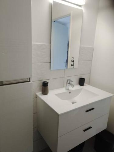 La salle de bains blanche est pourvue d'un lavabo et d'un miroir. dans l'établissement appartement 2 T2 neuf et élégant proche zénith, à Pérignat-lès-Sarliève