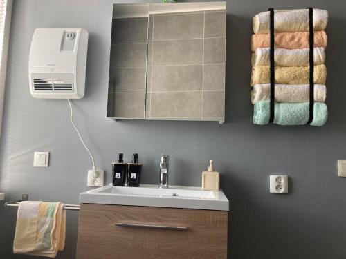 a bathroom with a sink and a mirror and towels at Het Zonnetje Zonnebeke in Zonnebeke