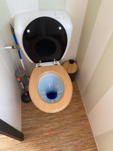 a toilet with a wooden seat with a blue bowl at Camping à la Cotinière-Piscine-Bungalow cosy entre Océan et Pinède in La Cotinière