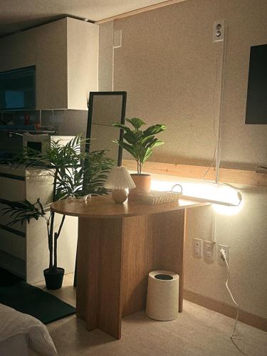 a kitchen with a table with potted plants on it at Jnineguesthouse in Seoul