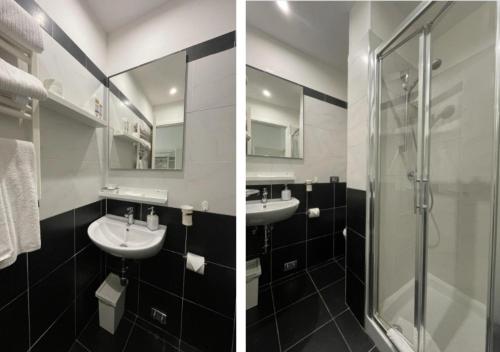 2 immagini di un bagno con doccia e lavandino di B&B Flo a Firenze