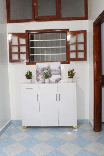 a room with white cabinets with potted plants on them at Yassers Residence in Er Rachidia