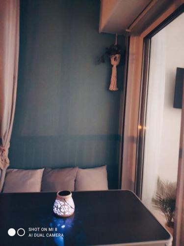 une table avec un vase dans une pièce dans l'établissement Le Front de Mer, superbe vue mer, à Saint-Jean-de-Monts