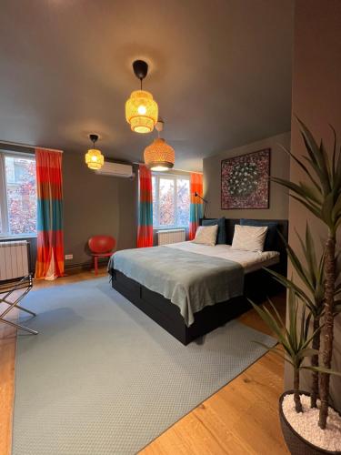 ein Schlafzimmer mit einem Bett und einer Topfpflanze in der Unterkunft Tulum Apart Center Belgrade in Belgrad
