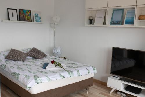 a bedroom with a bed and a flat screen tv at Na chmury i góry - apartament in Kłodzko