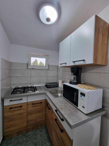 a small kitchen with a microwave and a sink at Parnica Home in Dudeştii Noi