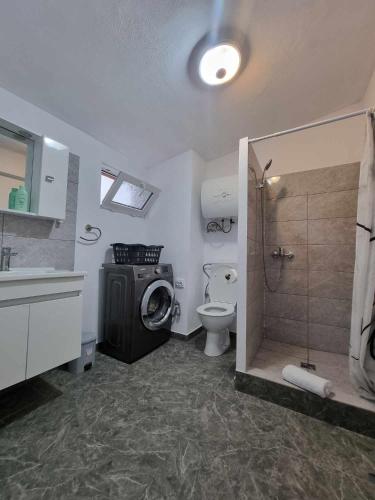 a bathroom with a washing machine and a toilet at Parnica Home in Dudeştii Noi