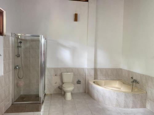 a bathroom with a tub and a toilet and a shower at The Blue Heron Villa in Kandy