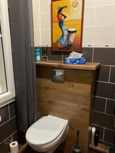 a bathroom with a toilet and a picture of a peacock at La Gelette in Génissac