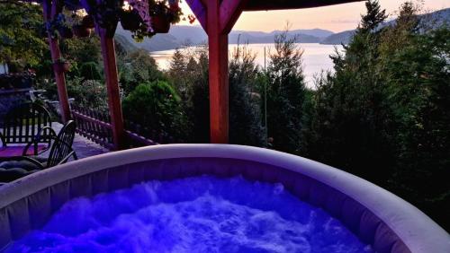 a hot tub on a patio with a view of the water at Studio Mokos in Donji Milanovac