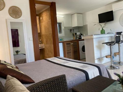 un salon avec un lit et une cuisine dans l'établissement Studio à 200m du centre ville de Porto Vecchio., à Porto-Vecchio