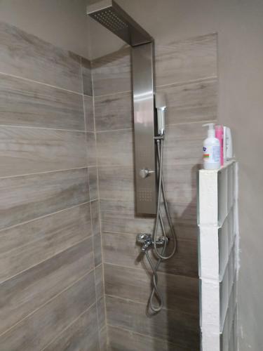 een badkamer met een douche en een glazen deur bij Apart Trelew 1 in Trelew