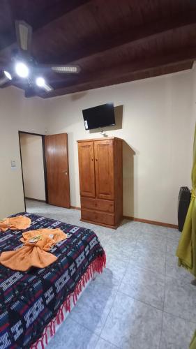 1 dormitorio con 1 cama y TV de pantalla plana en Complejo Quimpe en Villa Giardino