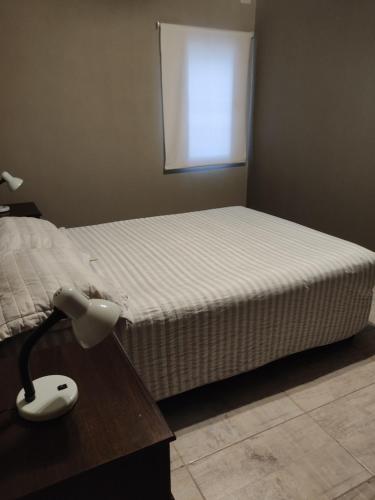 a bedroom with a bed and a lamp on a table at Apart Trelew 1 in Trelew