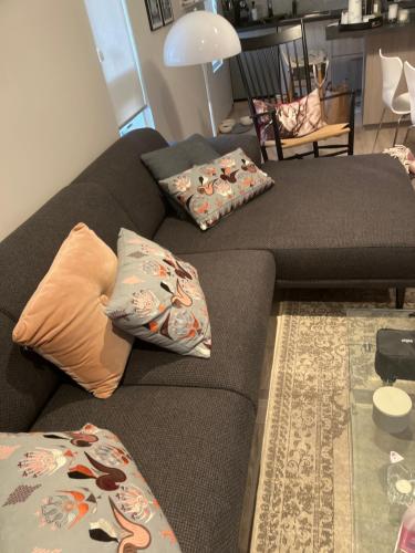 a living room with two couches with pillows at Kirjuvekkir8a in Hafnarfjörður