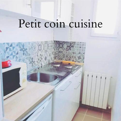 une petite cuisine avec un évier et un micro-ondes dans l'établissement l'aVentoux're, à Caromb