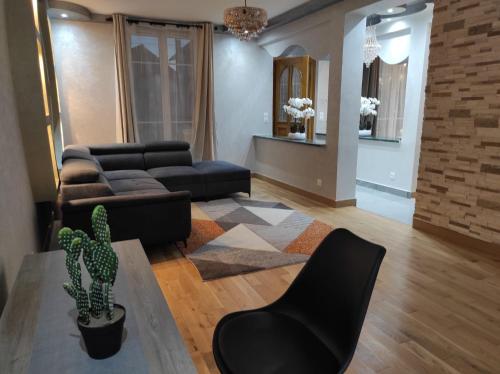 ein Wohnzimmer mit einem Sofa, einem Stuhl und einem Kaktus in der Unterkunft Maison élégante et spacieuse in Écouen