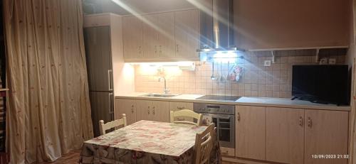 a kitchen with a table and a sink and a stove at To Spitaki 