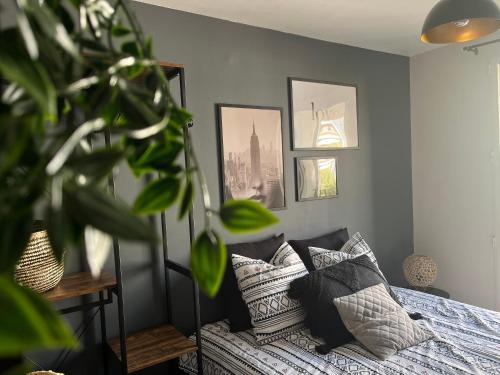 a bedroom with a bed with pillows and a plant at Appart XXL -10 pers - 2 Pkg - 10 mn Paris in Épinay-sur-Seine
