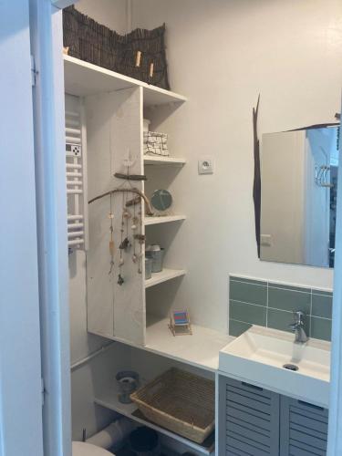W łazience znajduje się umywalka i lustro. w obiekcie LOCATION LA ROCHELLE w mieście Saint-Xandre