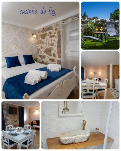 a collage of pictures of a hotel room with a bed and a table at Casinhas do Miga in Santa Comba Dão