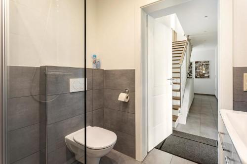 a bathroom with a toilet and a walk in shower at Schilcher-Residenz in Steinreib